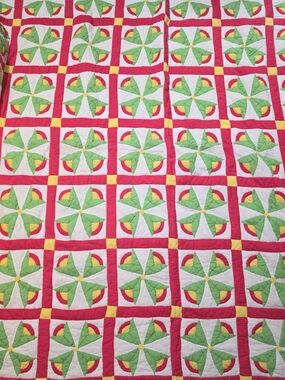 Hand-stitched Red, Green & Yellow Patchwork Quilt - Floral Design